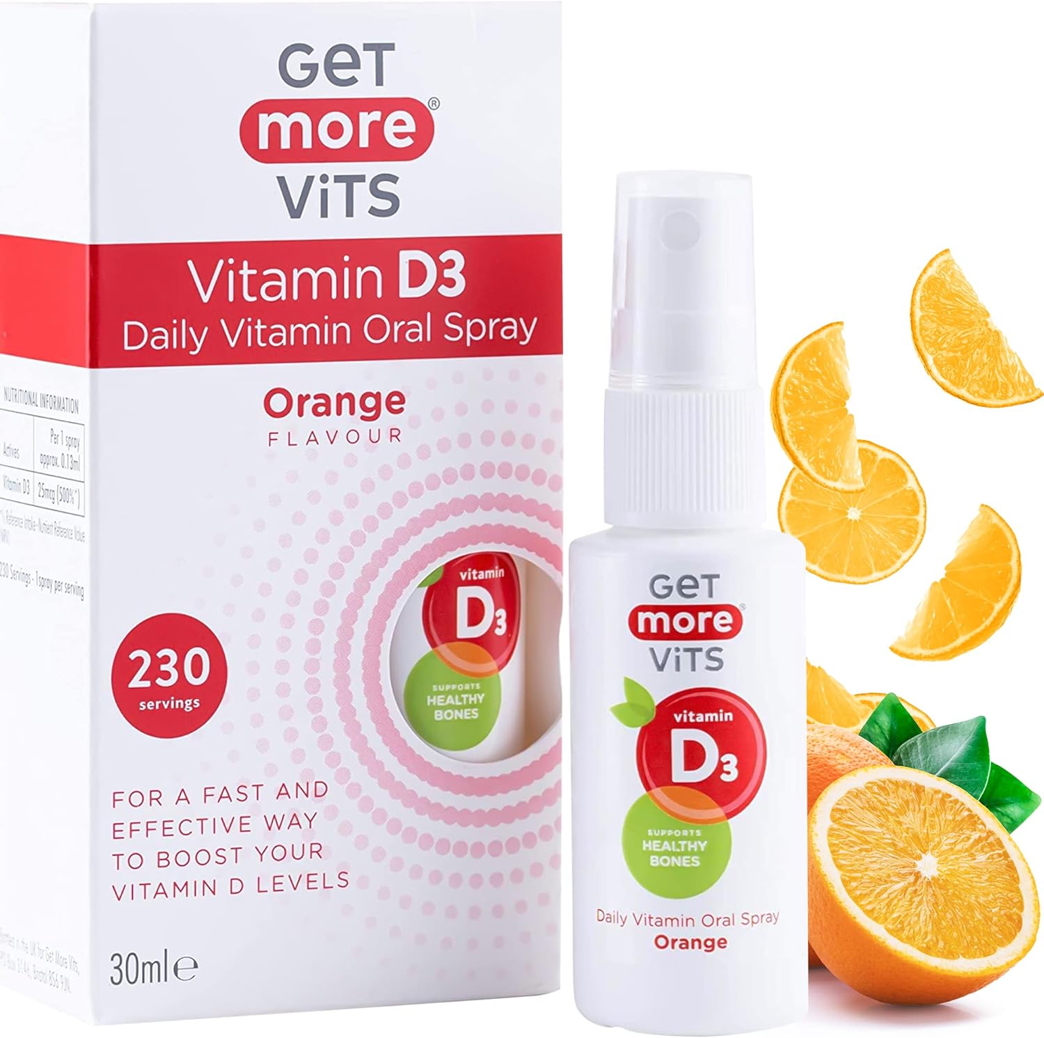 Get More Vits - Vitamin D3 Daily Oral Spray (30Ml), 230 Servings Per Bottle, Orange Flavour, Strengthens Bones, Teeth & Muscles, Promotes Calcium Absorption & Improves Immune System, Vegetarian