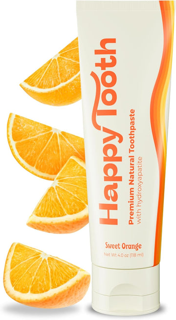 Happy Tooth Natural Hydroxyapatite Toothpaste - Fluoride Free, Sls Free - Whitening For Sensitive Teeth - Natural Ingredients - Dentist Formulated & Recommended - Adults & Kids - Sweet Orange 4 Oz