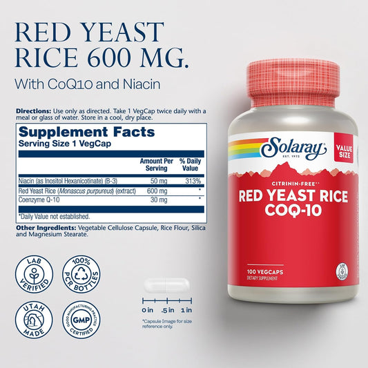 Solaray Red Yeast Rice Plus Coq-10 & No-Flush Niacin Vitamin B-3, Healthy Heart & Cardiovascular Support, Non-Irradiated & Citrinin Free, 60 Day Money Back Guarantee, 100 Servings, 100 Vegcaps