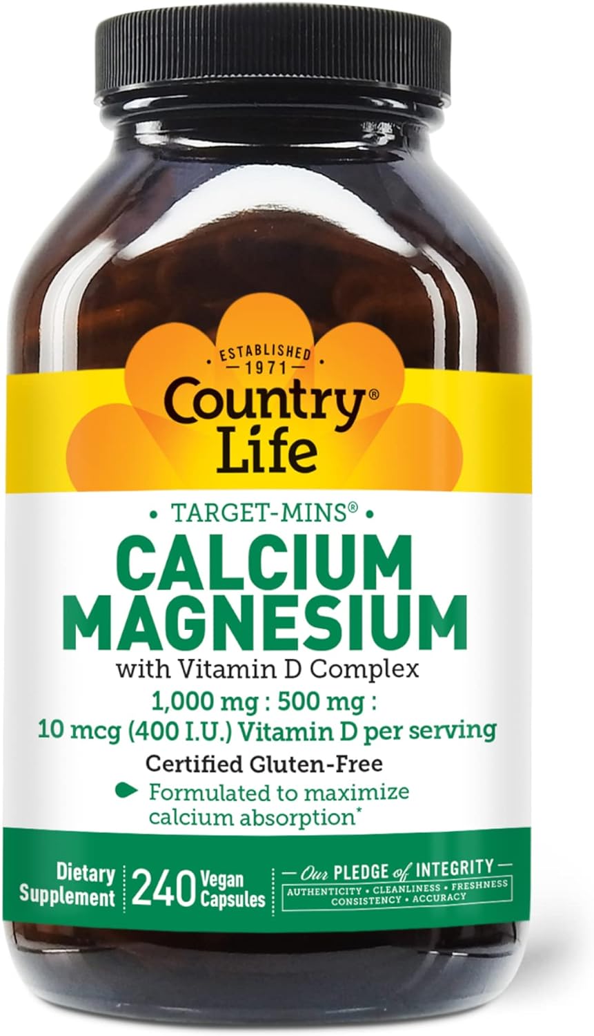 Country Life Target-Mins Calcium Magnesium with Vitamin D-Complex, 1000mg/500mg/10mcg, 240 Vegan Capsules, Certified Gluten Free, Certified Vegan, Verified Non-GMO Verified