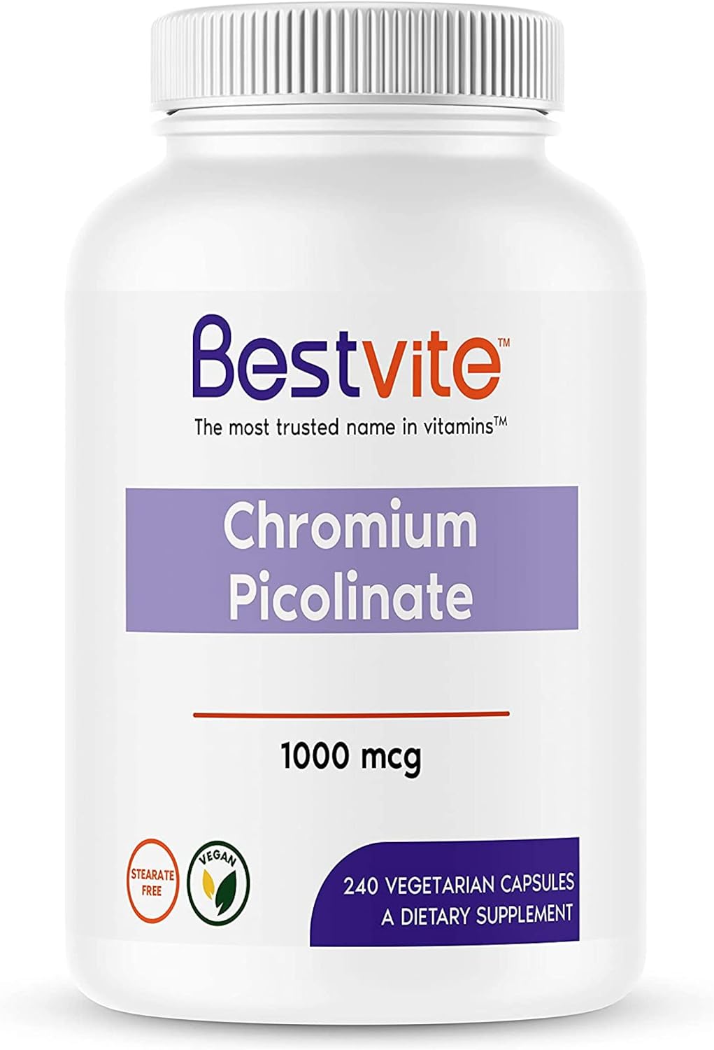BESTVITE Chromium Picolinate 1000mcg (240 Vegetarian Capsules) - No St