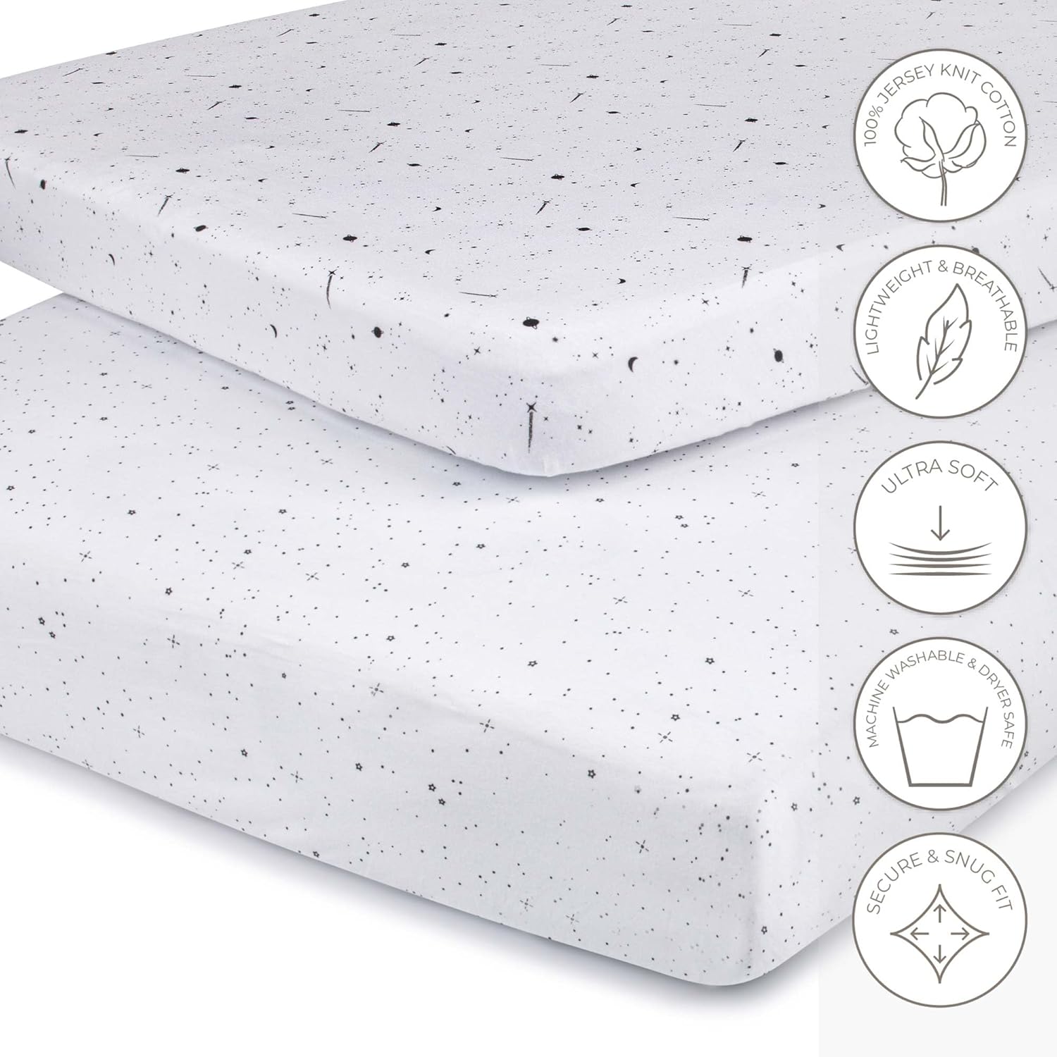 Pack N Play Portable Crib Sheet Set 100% Jersey Cotton 2 Pack 38”X24”X5” (Black And White Celestial)