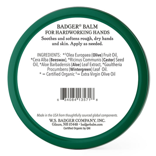 Badger - Hardworking Hands Healing Balm, Aloe Vera & Wintergreen, Working Hand Balm, Balm, For Dry Hands, Hand Moisturizer Balm, Certified Organic Hand Balm, Hand Repair Balm, 2 Oz