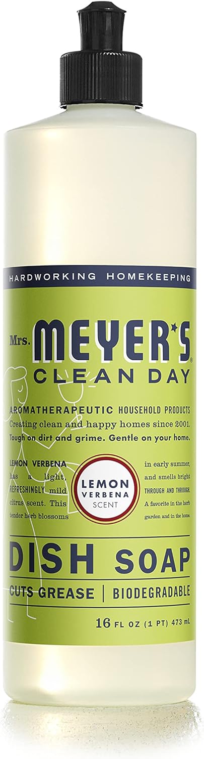 Mrs. Meyer's Clean Day Liquid Dish Soap, Cruelty Free and Non-Toxic, Lemon Verbena Scent, 16 oz- Pack of 6