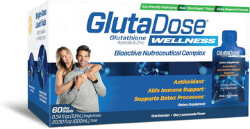 Glutadose Liquid Glutathione Supplement, Every Day Immune Support Supplements For Adults, Cellular Detox, Antioxidant - Acerola Energy Booster W/Zinc, L-Glutathione Supplement In Liquid Vials - 60Pk