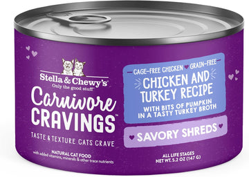 Stella & Chewy'S Carnivore Cravings Savory Shreds Cans – Grain Free, Protein Rich Wet Cat Food – Cage-Free Chicken & Turkey Recipe – (5.2 Ounce Cans, Case Of 24)