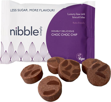 Nibble Simply Doubly Delicious Choc Choc Chip - Low Carb, Lower Sugar, Keto-Friendly, Vegan (12 X 36G Packs)