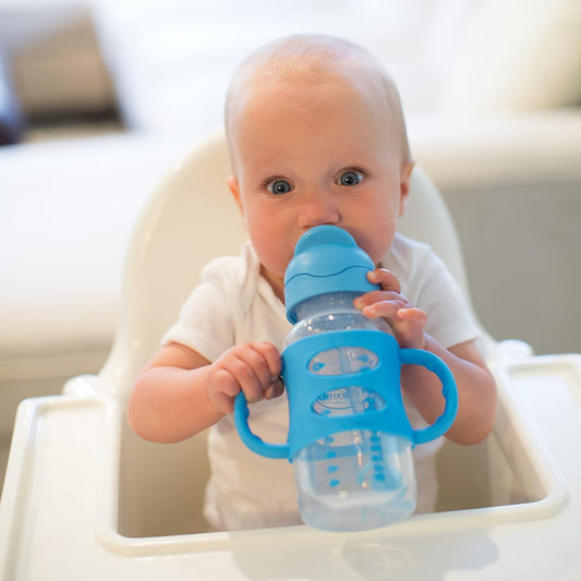 Dr. Brown'S Milestones Wide-Neck Sippy Straw Bottle With 100% Silicone Handles And Weighted Straw, 9 Oz/270 Ml, Blue, 6M+