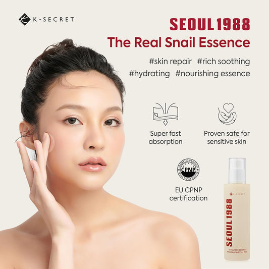 K-Secret Snail Mucin Essence Serum: 97% Snail Secretion With Rice Ferment Filtrate And Rice Extract For Skin Hydration Soothing And Balancing - Seoul 1988 Korean Skincare 100Ml