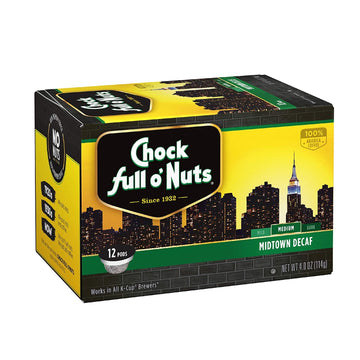 Chock Full O’Nuts Midtown Decaf Medium Roast, K-Cup Compatible Pods (12 Count) - Arabica Coffee In Eco-Friendly Keurig-Compatible Single Serve Cups