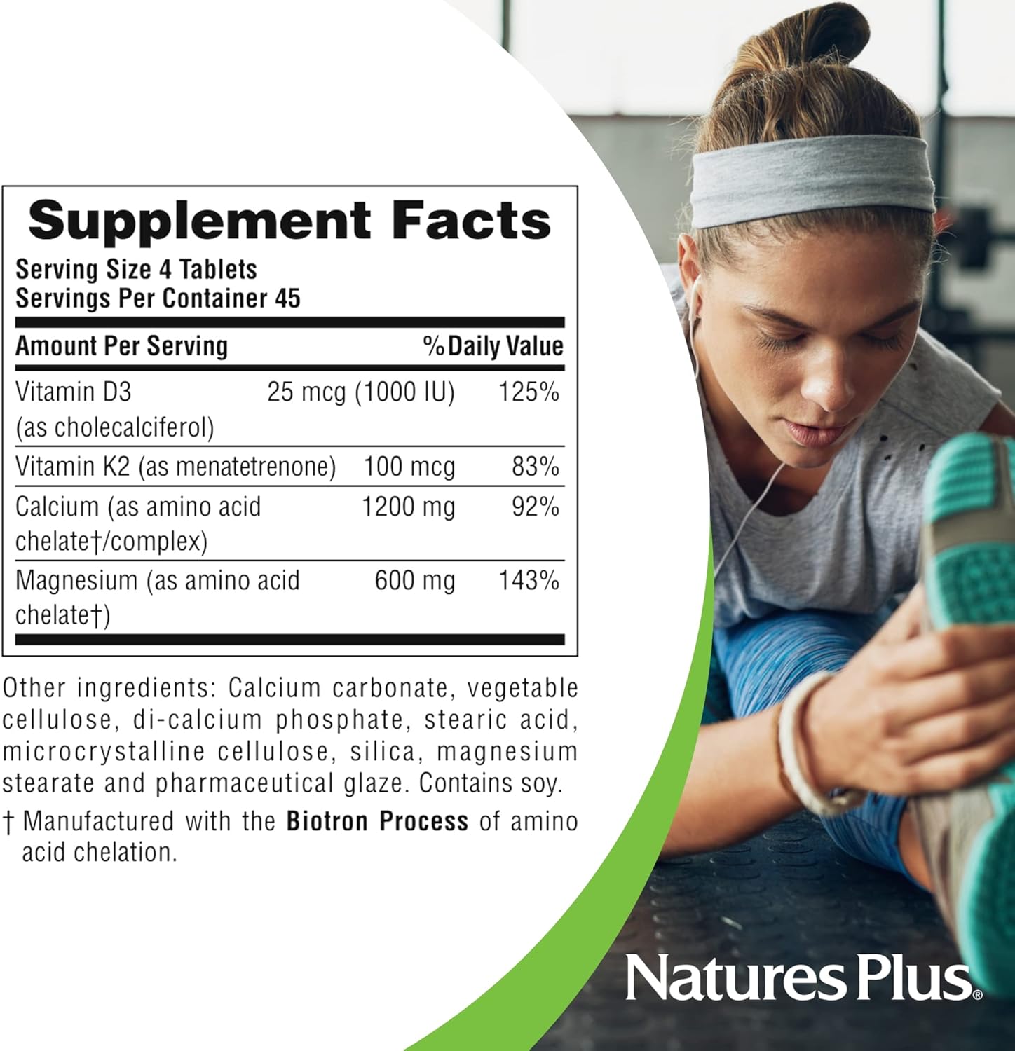 Naturesplus Calcium/Magnesium/Vitamin D3 With Vitamin K2 - Supports Bone & Immune Health - Vegetarian, Gluten Free - 180 Tablets - 45 Servings