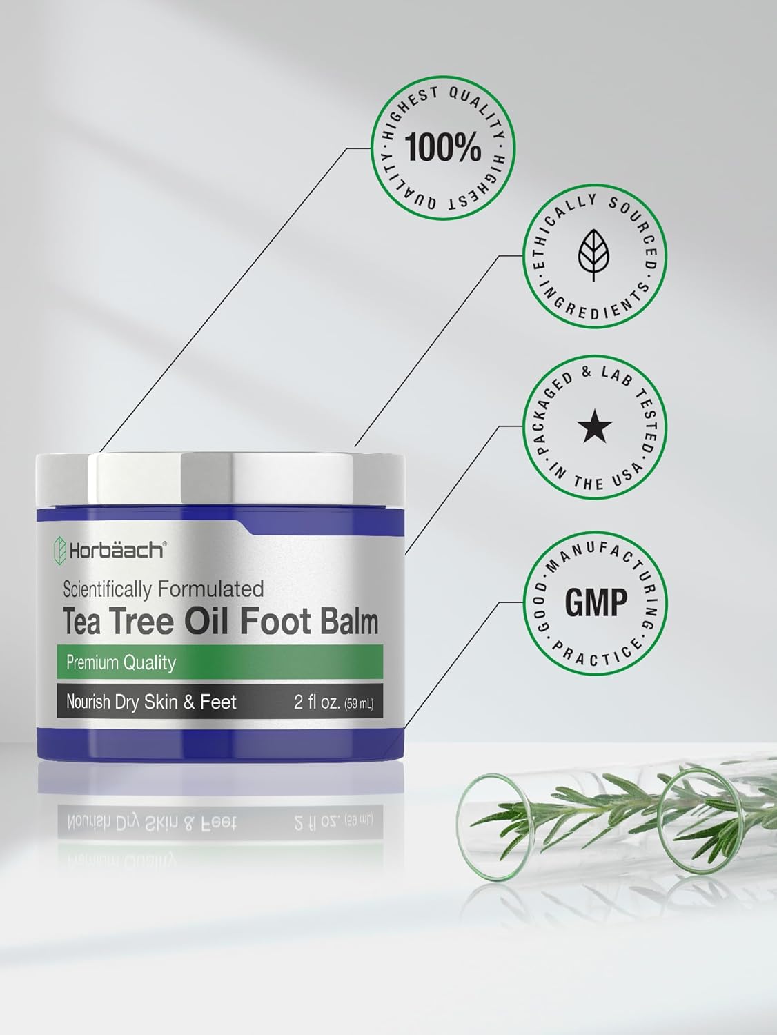 Horbäach Tea Tree Oil Foot Balm | 2 oz | Moisturizes and Nourishes Dry Skin & Feet | Scientifically Formulated : Beauty & Personal Care