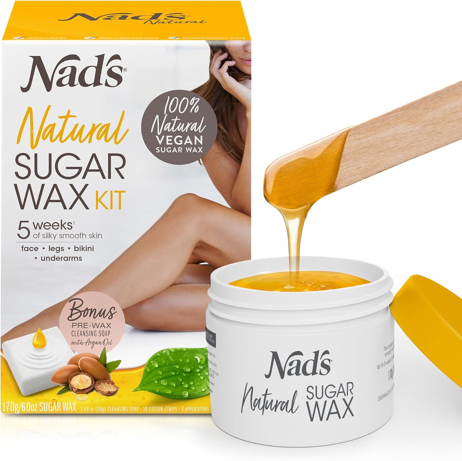 Nad'S 100% Natural Sugar Wax Kit, Vegan, Hypoallergenic, No-Heat Formula Waxing Sugar Paste, Includes 6 Wooden Spatulas, 10 Reusable 100% Cotton Strips, 1 Pre-Wax Cleansing Soap & Sugar Wax 170G