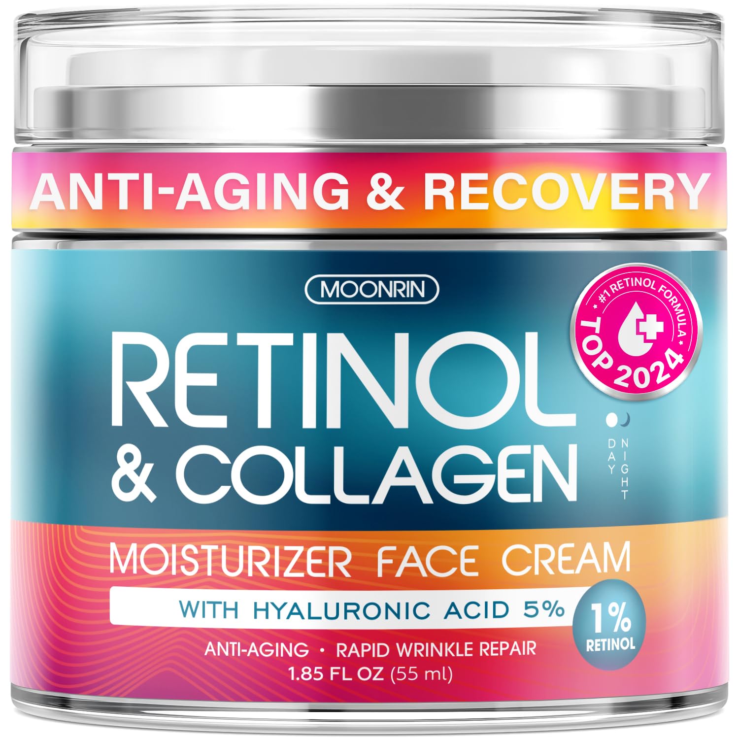 Retinol Cream For Face With Hyaluronic Acid, Day-Night Anti-Aging Moisturizer For Women, Men, Collagen Cream For Face Reduces Wrinkles, Dryness, 1.85 Oz