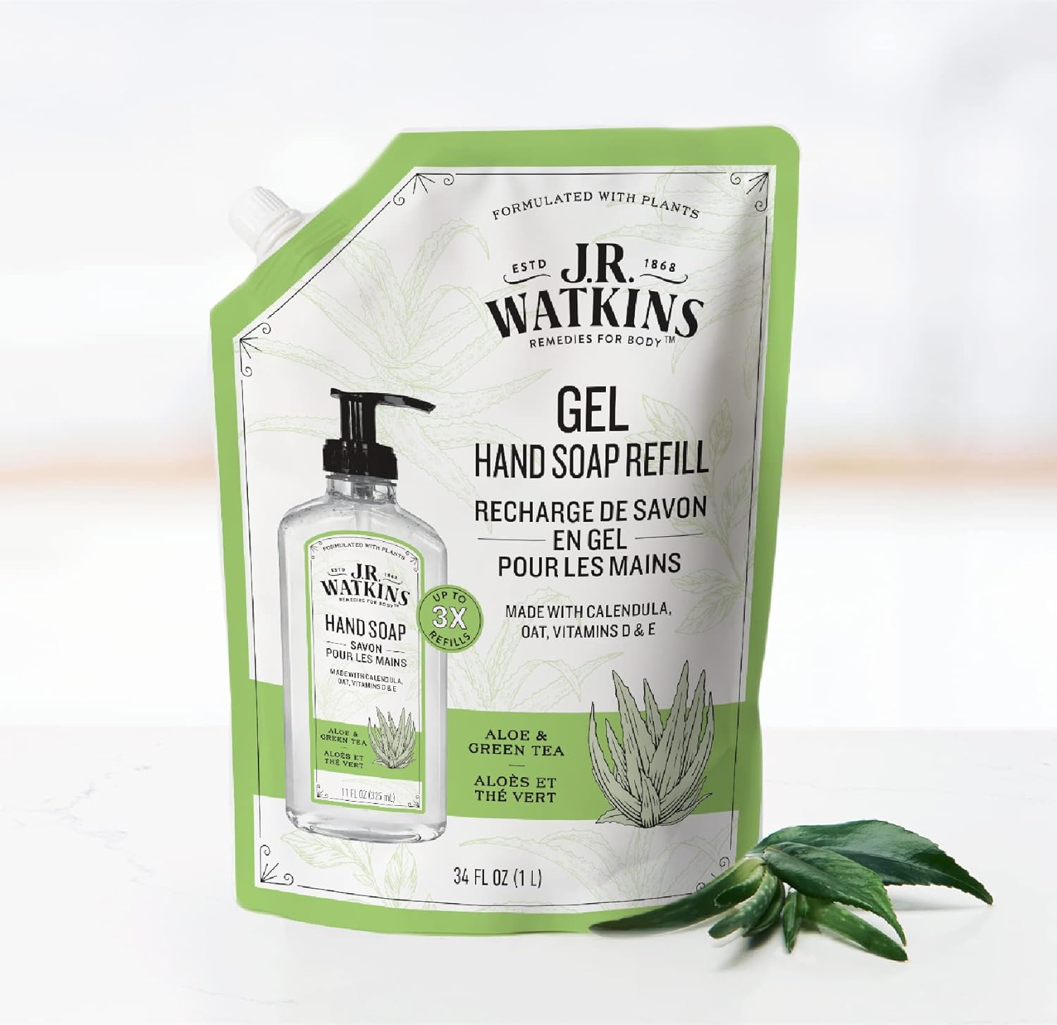 J.R. Watkins Gel Hand Soap Refill, Moisturizing Hand Wash, All Natural, Alcohol-Free, Cruelty-Free, USA Made, Aloe Green Tea, 34 Fl Oz, 3 Pack : Beauty & Personal Care