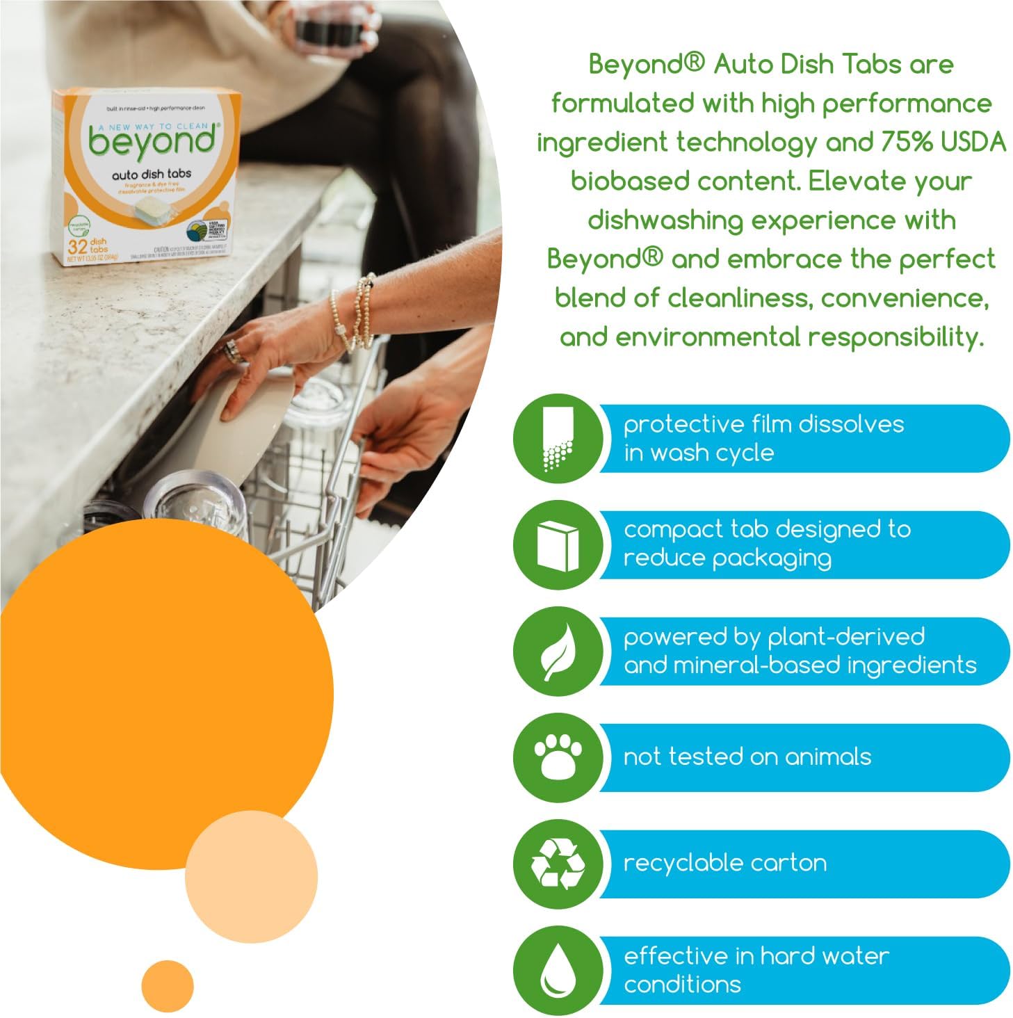 Beyond Auto Dishwasher Tablets [32 Tablets] - Fragrance & Dye Free - Certified Biobased. Powerful. Plant-Based Ingredients