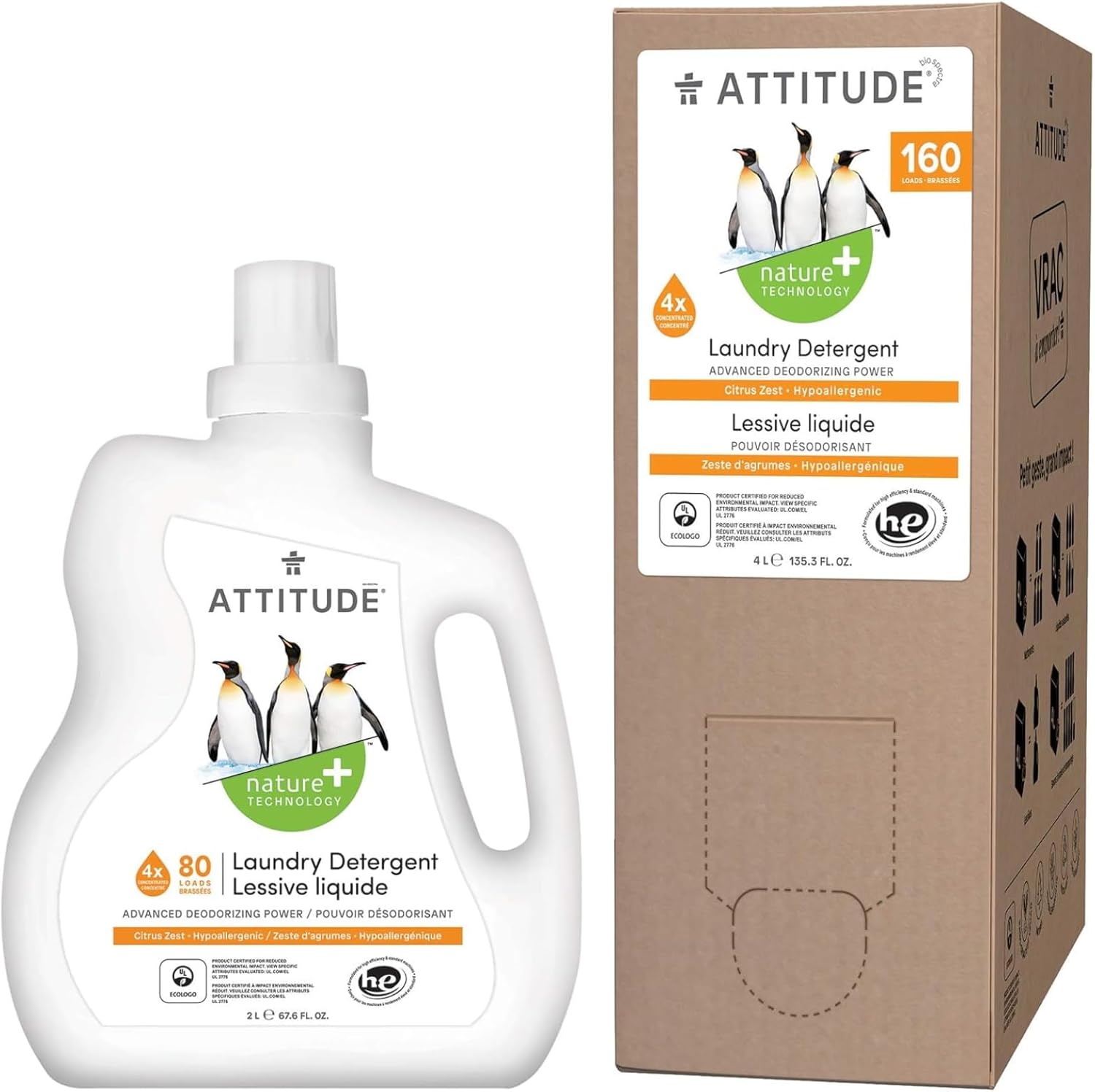 Bundle Of Attitude Laundry Detergent, Plant And Mineral-Based Formula, He, Vegan And Cruelty-Free Household Products, Citrus Zest, 80 Loads, 67.6 Fl Oz + Bulk Refill, 160 Loads, 135.26 Fl Oz