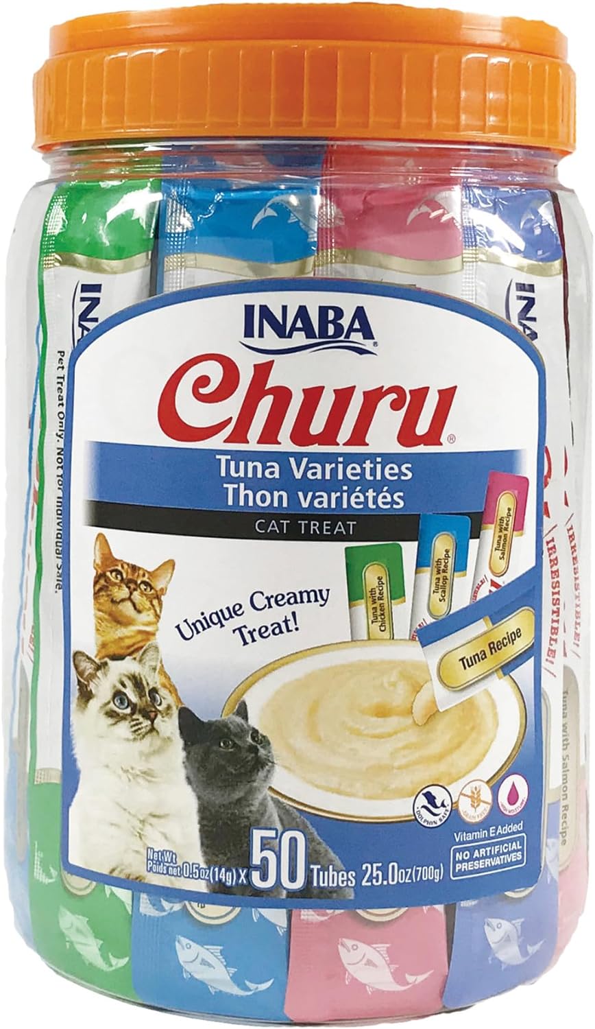 INABA Churu Cat Treats, Grain-Free, Lickable, Squeezable Creamy Purée Cat Treat/Topper with Vitamin E & Taurine, 0.5 Ounces Each Tube, 50 Tubes, Tuna Variety