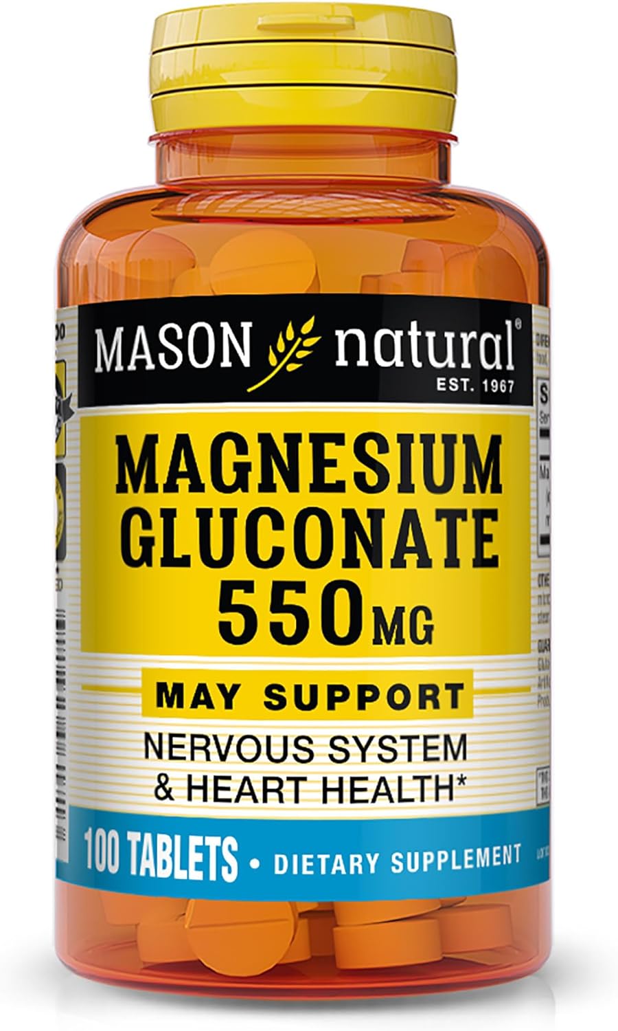 Mason Natural Magnesium Gluconate 550 mg - Healthy Heart and Nervous System, Improved Muscle Function and Blood Pressure Levels, 100 Tablets