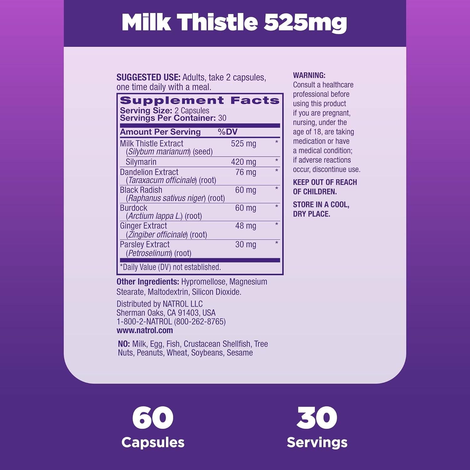 Natrol Milk Thistle 525 mg per serving, Dietary Supplement for Digestive Health, Milk Thistle Supplement, 60 Capsules, 30 Day Supply : Health & Household