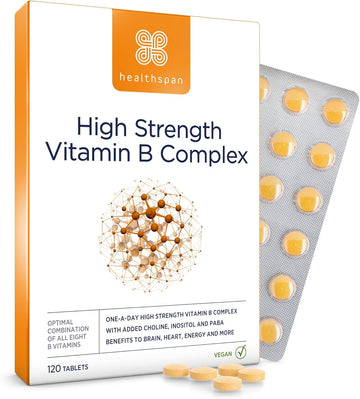 Healthspan High Strength Vitamin B Complex (120 Tablets) | High Levels Of All 8 B-Complex Vitamins | Supports Brain & Heart Health | Immune Health | Reduces Tiredness & Fatigue | With Choline | Vegan