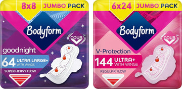 Bodyform - Day & Night Ultra Bundle: Period Pads for Night use, 64 (8 x 8 Packs) + Period Pads for Day Use 144 (24 x 6 Packs), Sanitary Towels, SecureFit Leakage Protection