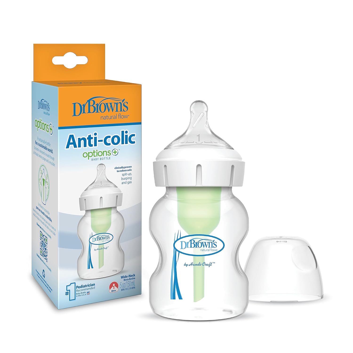 Dr. Brown'S Natural Flow Anti-Colic Options+Wide-Neck Baby Bottle, 5 Oz/150 Ml, Level 1 Nipple, 1-Pack, 0M+