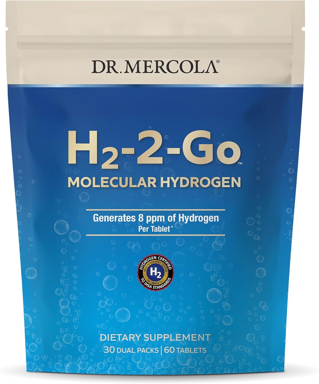 Dr. Mercola H2-2-Go Molecular Hydrogen, 60 Servings (60 Tablets), 8 Ppm Of Hydrogen Per Tablet, Dietary Supplement, Supports Circulatory Health
