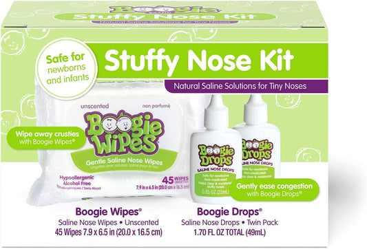 Boogie Stuffy Nose Relief Kit Wipes, Fsa/Hsa Eligible, Baby Wipes Unscented Wipes 45 Count (Pack Of 1), Baby Nasal Saline Drops Drops 2 Bottles Total (Pack Of 1)…