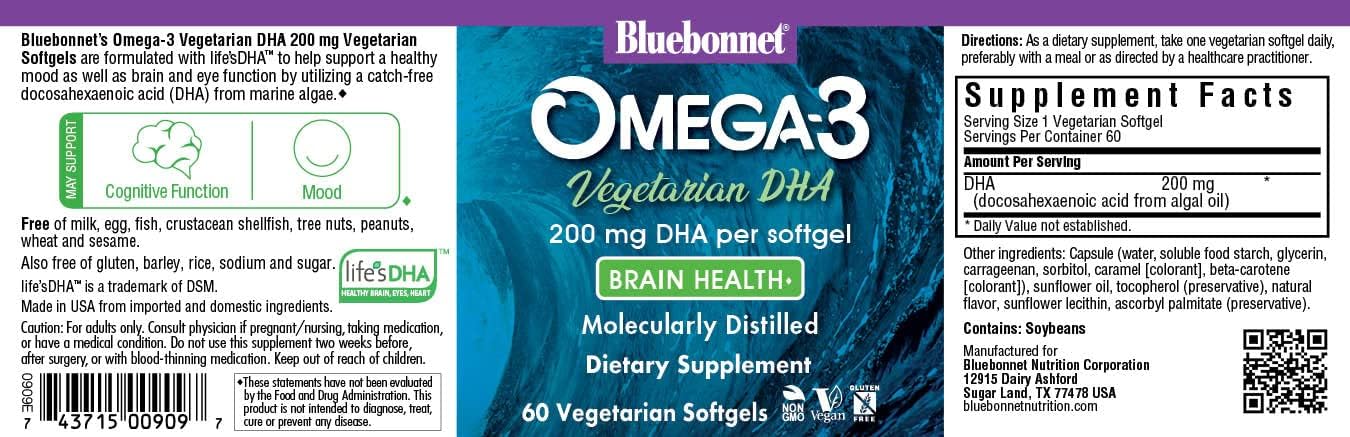 BlueBonnet Natural Omega-3 Vegetarian DHA Vegetarian Softgels, 200 mg,