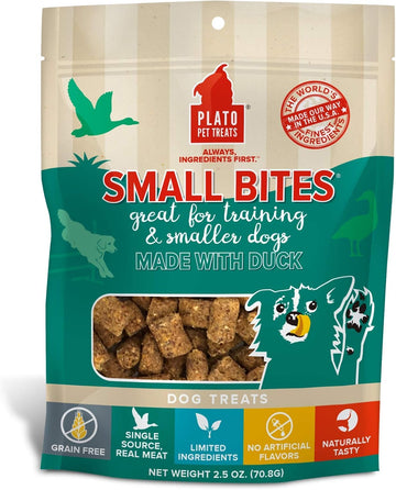 Plato Small Bites Dog Treats, Natural Bite Sized Real Meat & Duck Flavor, Grain Free & High In Protein, Air Dried Authentic Ingredients, 2 Calories Per Treat, Made In The Usa, 2.5 Ounces