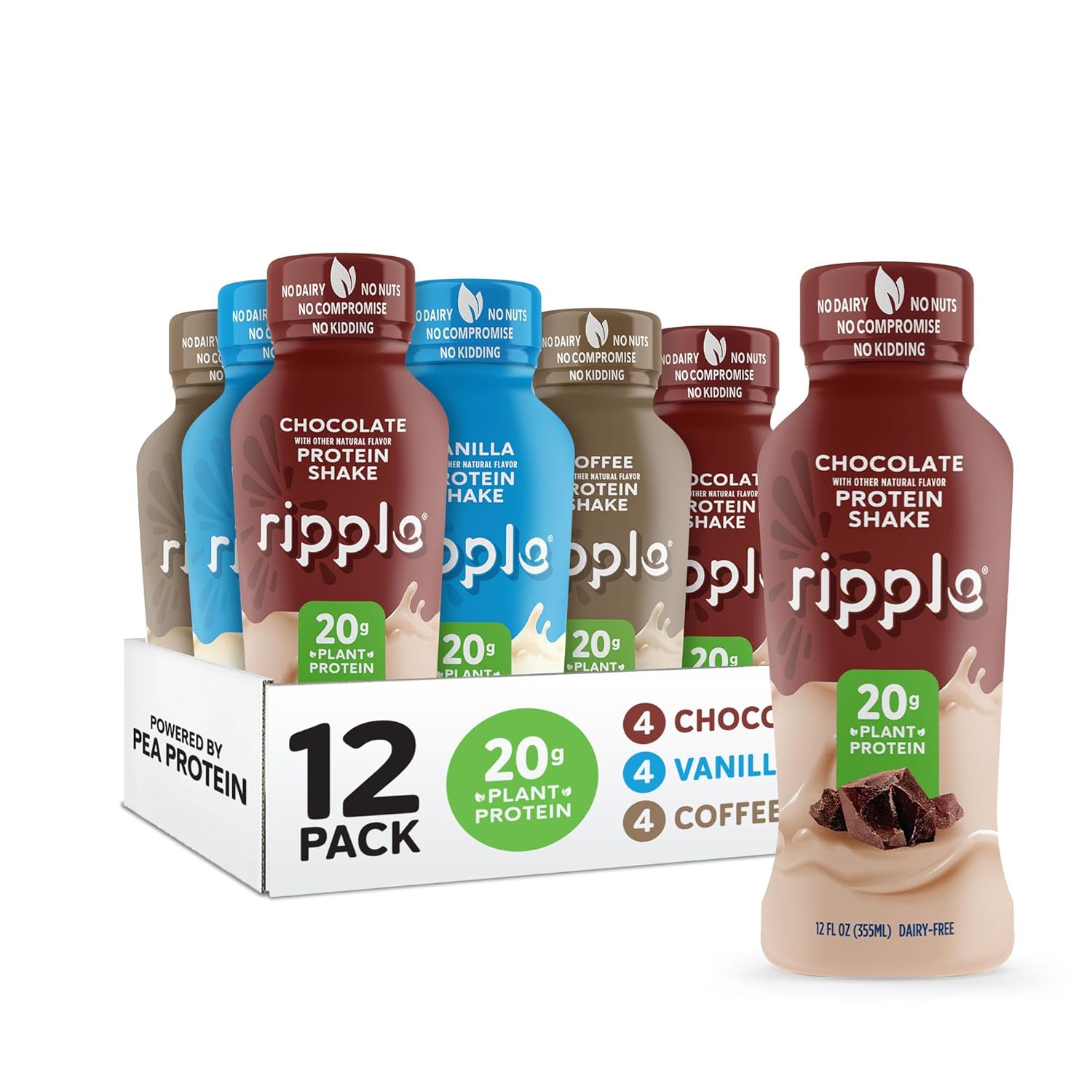 Ripple Vegan Protein Shake | Variety Pack | 20G Nutritious Plant Based Pea Protein | Shelf Stable | No Gmos, Soy, Nut, Gluten, Lactose | (12 Fl Oz (Pack Of 12), Variety Pack)