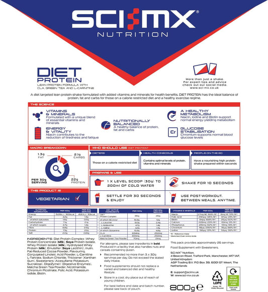 Sci-Mx Diet Whey Protein Powder + Vitamins & Green Tea, Cla & L-Carnitine - Chocolate Hazelnut • Low Sugar • 22G Protein + 110 Calories Per Serving • 800G