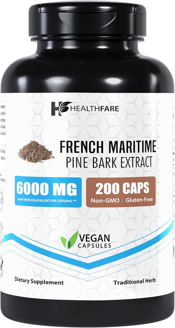 French Maritime Pine Bark Extract 6000Mg | 200 Vegan Capsules | 95% Proanthocyanidins | Non-Gmo | Gluten-Free | Made In The Usa
