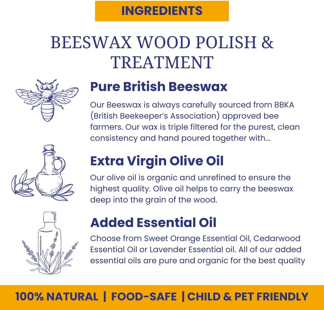 Beeswax Furniture Polish & Conditioner for Wood (Orange 3.4 Fl Oz) Enhances the Natural Beauty of Oak Pine Beech & More Seals & Protects for a Perfect Finish Bees Wax Polish Protects & Enhances : Health & Household