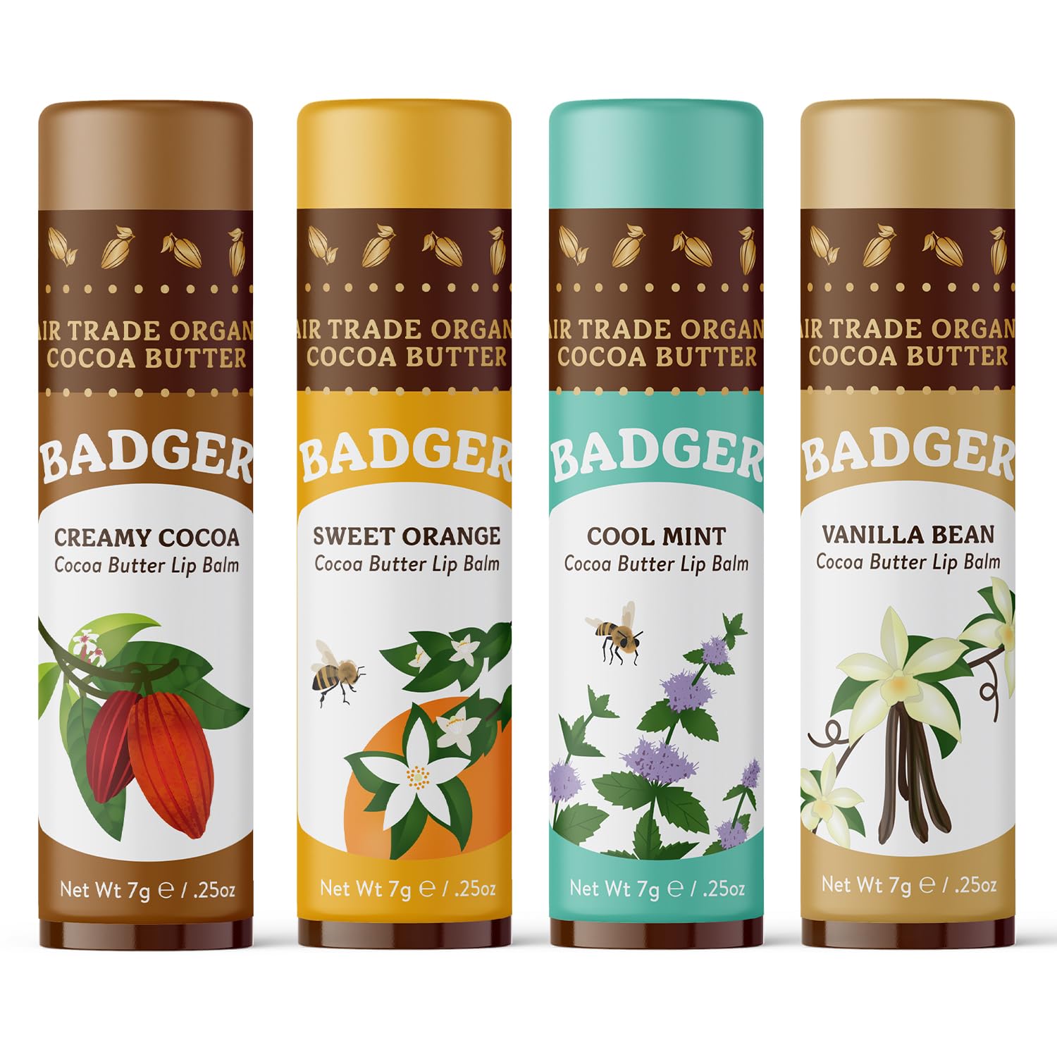 Badger - Cocoa Butter Lip Balm Set, Fair Trade, Certified Organic Lip Butter, Flavored, Cocoa, Vanilla, Orange, Mint, 0.25 oz (4 Pack) : Beauty & Personal Care