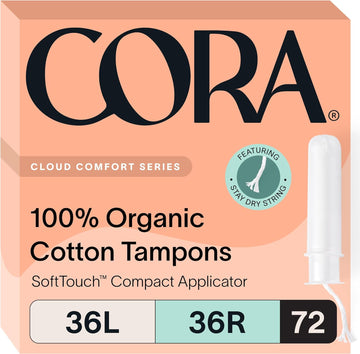 Cora Organic Applicator Tampon Multipack | 36 Light & 36 Regular Absorbency | 100% Organic Cotton, Unscented, BPA-Free Compact Applicator | Leak Protection | Packaging May Vary | 72 Total