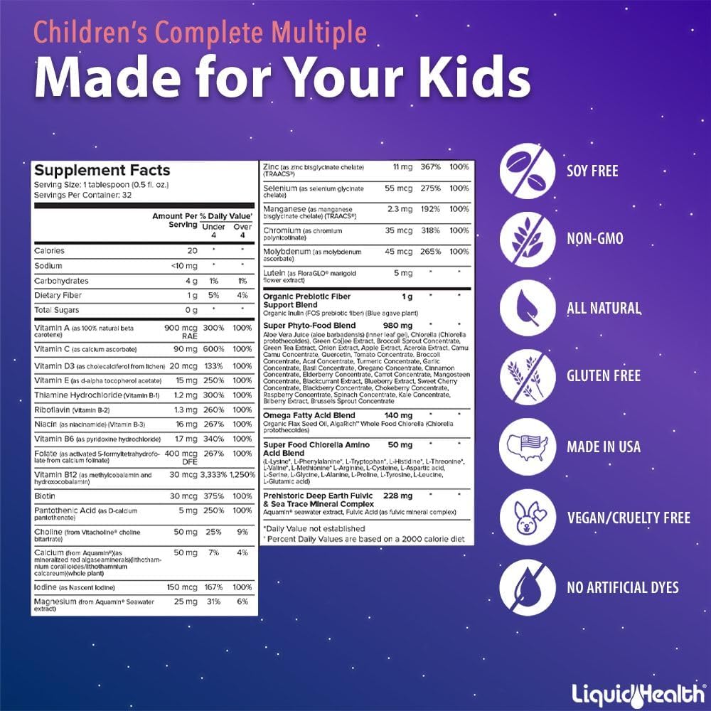 LIQUIDHEALTH Children's Complete Liquid Multivitamin for Kids, Toddlers - Essential Vitamins, Nutrients & Minerals, Immune Support, Gut Health - Great Taste, Vegan, Non GMO, Sugar-Free (16 oz) : Health & Household