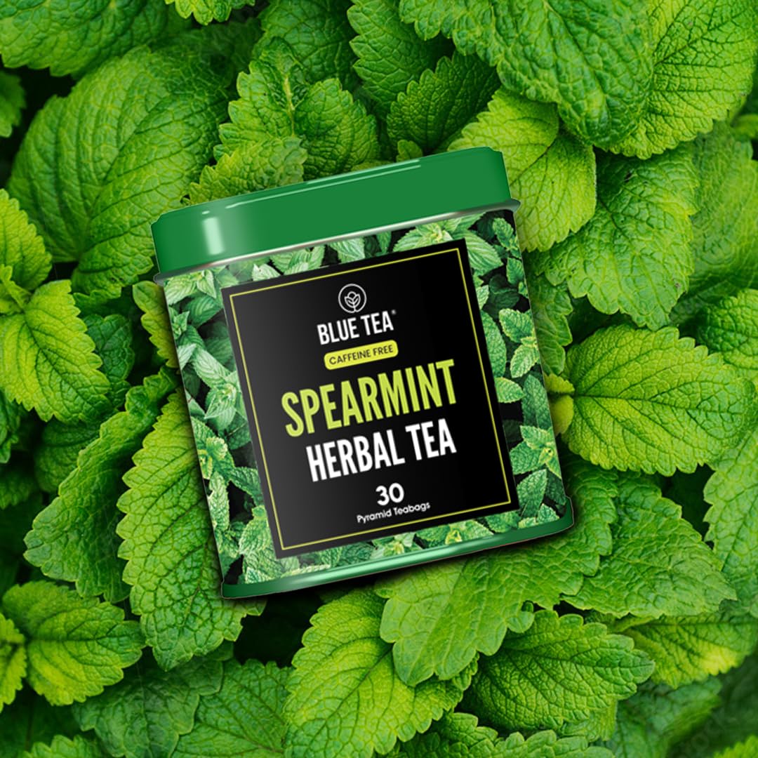 Blue Tea - Spearmint Tea - 30 Tea Bags (Plant Based) | Anti-Oxidant Rich | Caffeine Free - Non-Bitter - Herbal Tea | Natural Ingredients | Leaf Based - Mood Relaxing | Tin Pack