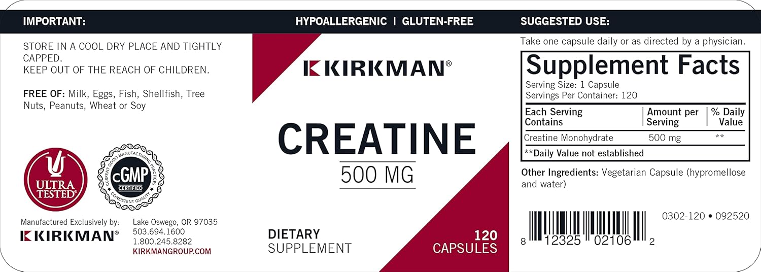 Kirkman Creatine 500 mg - Hypoallergenic | 120 Vegetarian Capsules | Amino Acid : Health & Household