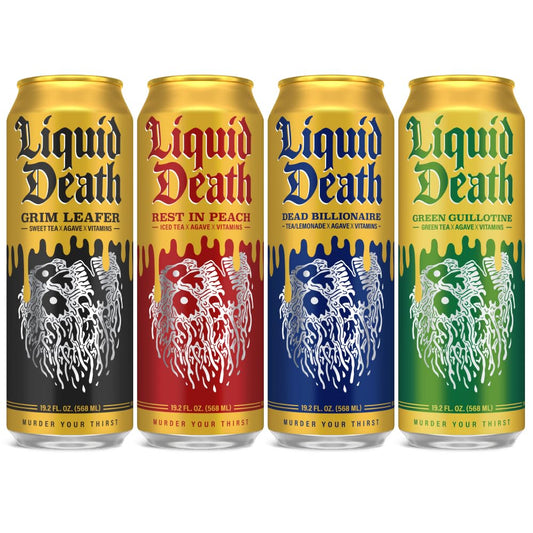Liquid Death Iced Tea Variety Pack (Grim Leafer, Rest In Peach, Dead Billionaire, And Green Guillotine), 19.2 Oz King Sized Cans (12-Pack)