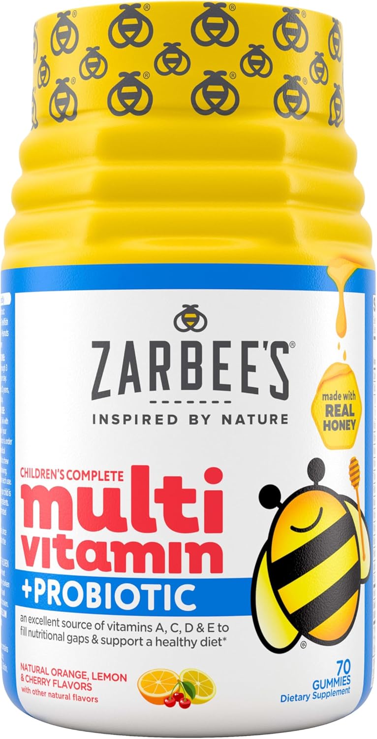 Zarbee'S Kid'S Complete Daily Multivitamin + Probiotic Gummies With Vitamins A B C D E & Zinc For Digestive Health Easy To Chew, Natural Fruit 70 Count