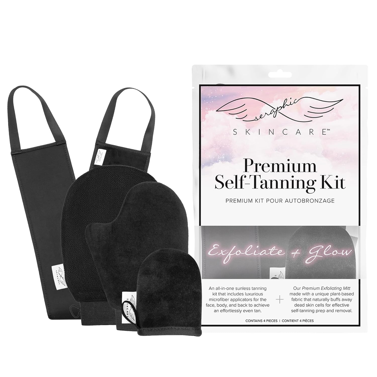 Seraphic Skincare 4-Piece Self Tanner Kit - Includes Premium Exfoliating Self Tanner Mitt, Facial Tanning Mitt, Body Tanning Applicator Mitt, and Back Tanning Applicator Belt for a Perfect Tan Glow