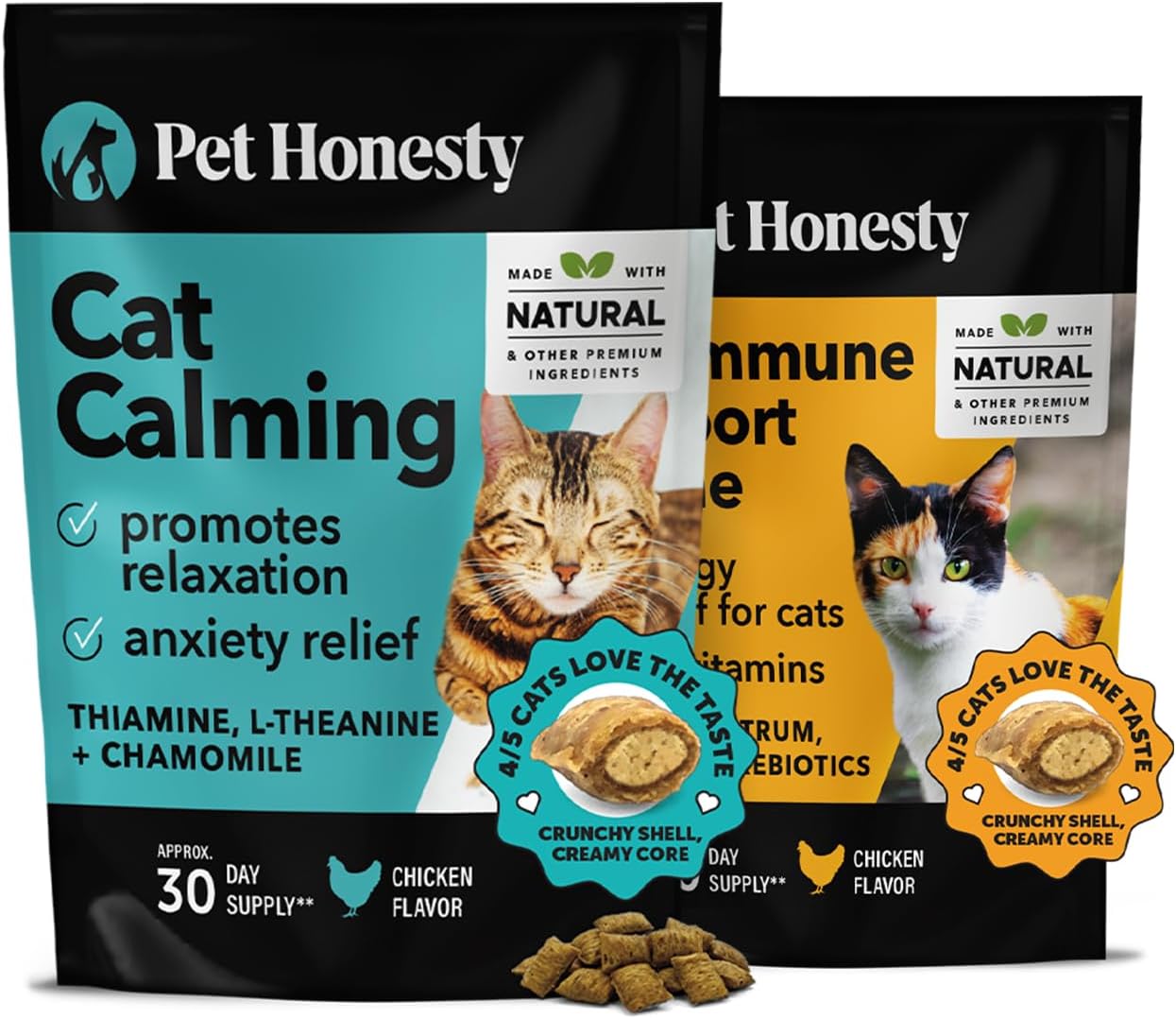Pethonesty Cat Calming + Cat Immune Support Lysine Dual Texture Chew Supplement Bundle - Helps Reduce Stress And Cat Anxiety Relief, Allergy Relief – Cat Vitamins With Omega 3S