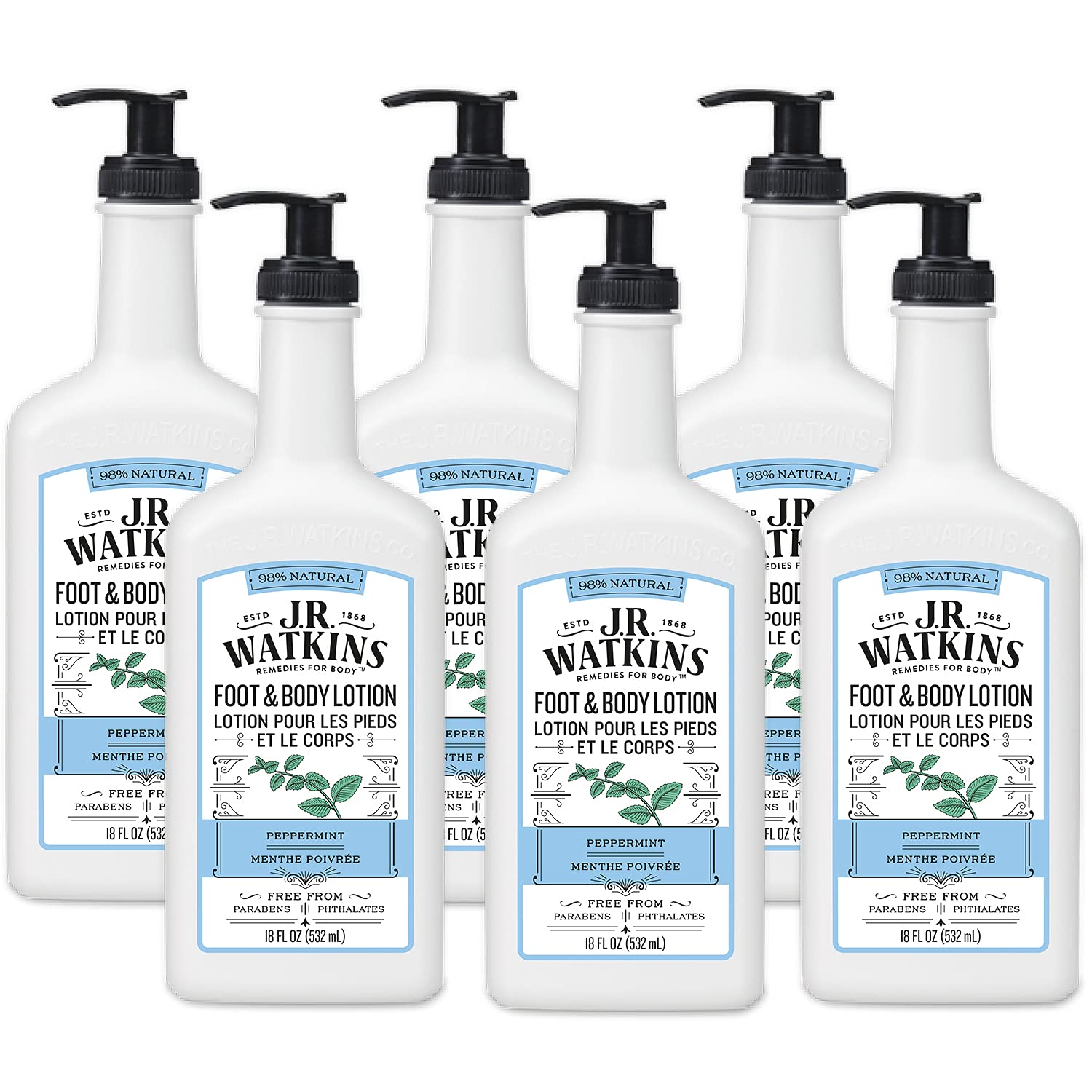 J.R. Watkins Daily Moisturizing Lotion “ Body Cream In Pump Dispenser “ Hydrating Skin Cream Made With Shea Butter, Cocoa Butter, Coconut Oil & Vitamin E, Peppermint, 18 Fl Oz, 6 Pack