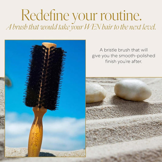 Wen By Chaz Dean Deluxe Boar Bristle Hair Brush Round - For Blow Out & Blow Drying, Wooden For Women & Men, Great For Bangs, Round Styling Hairbrush, Nylon Bristles - Large