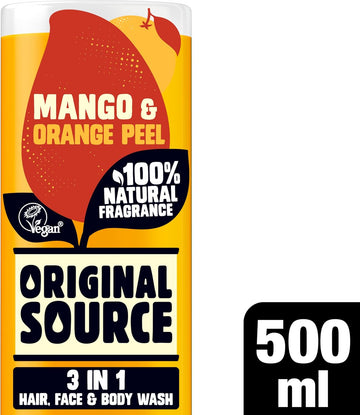 Original Source Mens 3In1 Mango & Orange Peel Shower Gel, 100 Percent Natural Fragrance, Vegan, Cruelty Free, Paraben Free, Bulk Buy, Pack Of 6 X 500 Ml
