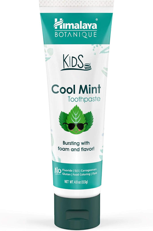 Himalaya Botanique Kids Toothpaste, Herbal, Cool Mint Flavor, Fights Plaque, Fluoride Free, Gentle, No Artificial Flavors Or Colors, Sls Free, Gluten Free, Cruelty Free, Vegan, Foaming, 4 Oz, 2 Pack