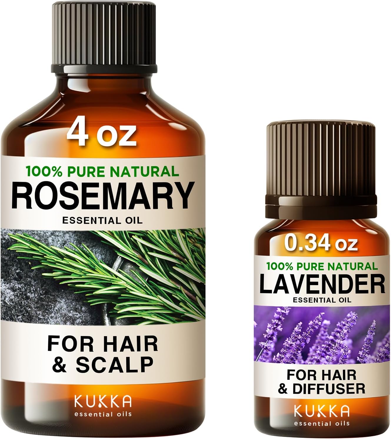 Rosemary Oil For Hair (4 Fl Oz) & Lavender Oil Essential Oil For Diffuser (0.34 Fl Oz) Set - 100% Natural Aromatherapy Grade Essential Oils Set - Kukka