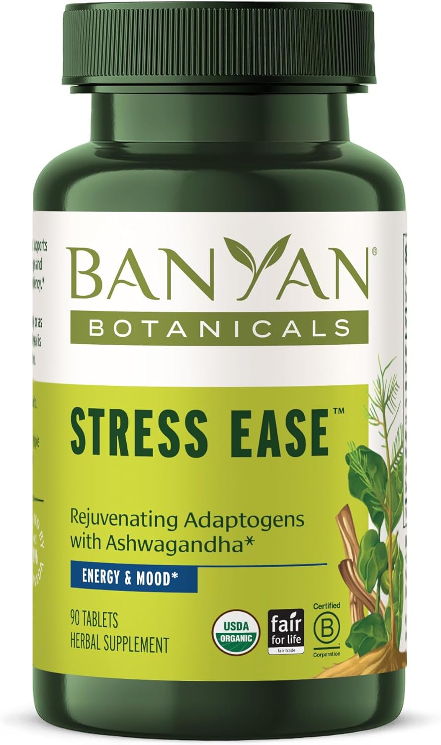 Banyan Botanicals Stress Ease ? Organic Herbal Supplement for Stress & Fatigue* ? with Ayurvedic Adaptogen Ashwagandha (Withania somnifera) Root ? 90 Tablets ? Non-GMO Sustainably Sourced Vegan